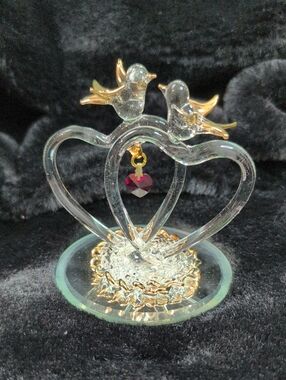 Double Heart Figurine with Gold Accent and Red Crystal Heart, Vtg "Love Birds"